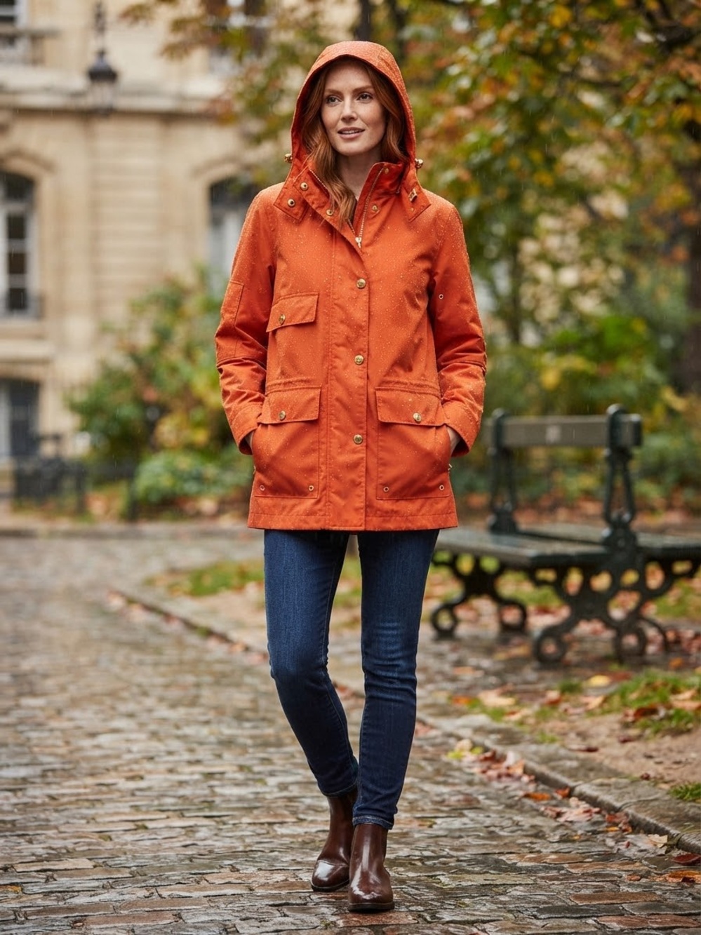 VINTAGE 90s Y2K Ralph Lauren Orange Marine Utility Hooded Rain Coat Gold Buttons